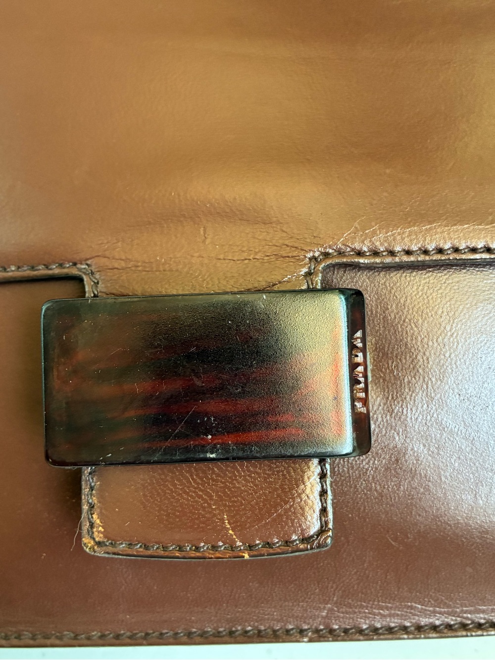 Vintage Prada Brown Leather Shoulder Bag Flap Clasp Logo Y2K - Picture 10 of 12